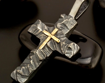 Colgante de cruz de plata esterlina y oro macizo de 14 quilates, collar cristiano hecho a mano, joyería religiosa de gran peso, P-117