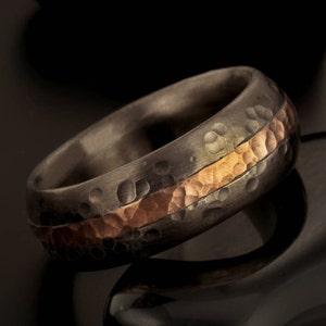 Sterling Silver Copper Men&#39;s Wedding Band, Rustic Wide Textured Ring, Two Toned Jewelry Gift for Him - RS-1233