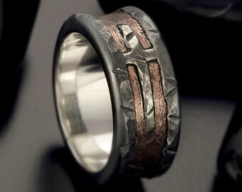 Unique Men Ring, Cross Hammered Ring, Rustic silver and copper ring, Statement mens ring, Mans engagement ring, RS-1253