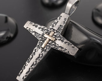 Gold and Silver Cross Pendant: Handmade Brutalist Necklace, Rugged Texture Christian Jewelry, Artisan Two Tone Faith Charm,  P-177