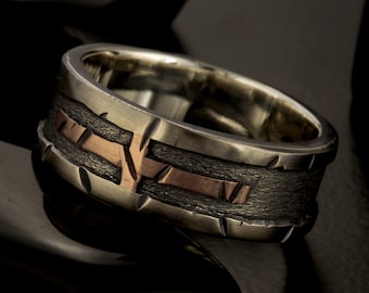 Mens Wedding Ring, Mens Wedding Band, Engagement Ring, Rustic  Cross Silver and Copper ring, Gift for men,  RS-1408