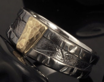 Anello unico fatto a mano da uomo, anello in argento e oro massiccio 14K, fede nuziale rustica, anello anniversario, RS-1283