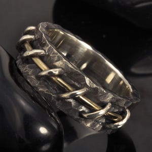 14K Gold and Silver Men&#39;s Wedding Ring, Rustic Band, Engraved Engagement Ring, Gift for Him, RS-1284