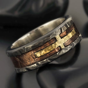 Rustikaler Herrenring, Silber Kupfer und 14K Solid Gold, Herrenkreuz Ring, Einzigartiger personalisierter Ring, Geschenk für Männer, RS-1417 Bild 4
