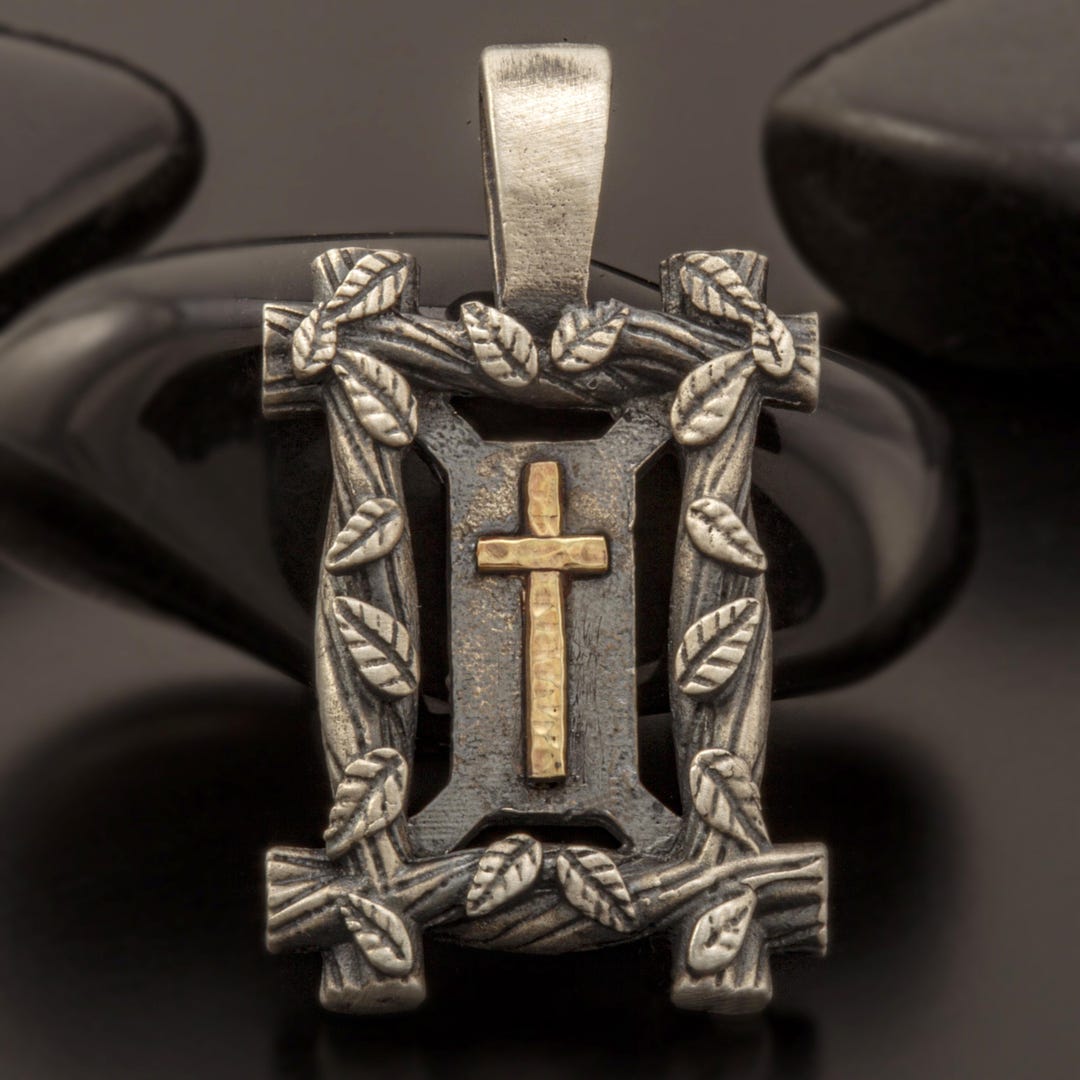 Cross Pendant Silver and 14K Gold Handmade, Mens Cross Sterling Silver ...