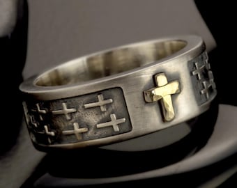 Anillo de plata de ley con cruz de oro de 14 quilates, alianza de boda con temática religiosa, regalo cristiano para el novio RS-1414