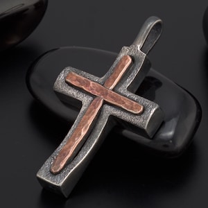 Herren Kreuz Sterling Silber Handgemachter Anhänger, Silber und Kupfer Handgemachter Kreuz Anhänger, Kreuz Schmuck, P-112