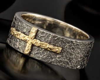 Kruisring heren sterlingzilver en 14 kt goud | Rustieke christelijke trouwring | Handgemaakte ring RS-1205-A