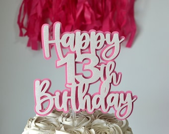 Layered Happy 13th Birthday Cake Topper, hello 13, 13th birthday, Pink White Cake Topper, Thirteen