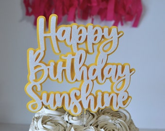 Personalized Name Yellow and White Happy Birthday Name Cake Topper Layered