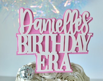 Birthday Era Pink and White Happy Birthday Name Cake Topper
