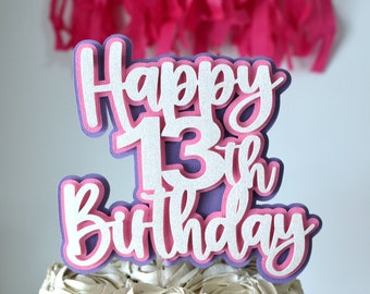 Layered Happy 13th Birthday Cake Topper, hello 13, 13th birthday, White Pink Purple Cake Topper, Thirteen