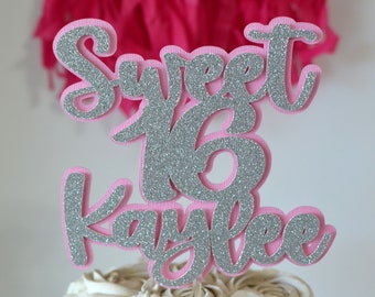 Sweet 16th Birthday Name Layered Pink Silver Cake Topper, Personalized 16th Cake, Happy Birthday Cake, sweet 16, hello 16