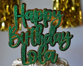 Green and Gold Happy Birthday Name Cake Topper, Personalized Cake Topper