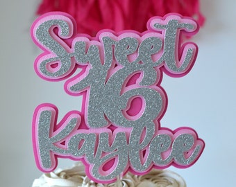 Sweet 16th Birthday Name Layered Pink Silver Cake Topper, Personalized 16th Cake, Happy Birthday Cake, sweet 16, hello 16