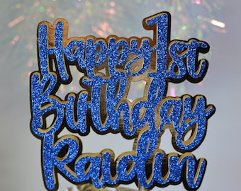 Blue and Gold Happy Birthday Name Cake Topper, Personalized Cake Topper