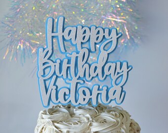 Happy Birthday Name Cake Topper Light Blue and White Glitter