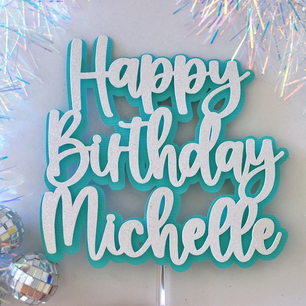 Happy Birthday Name Cake Topper Teal and White Glitter