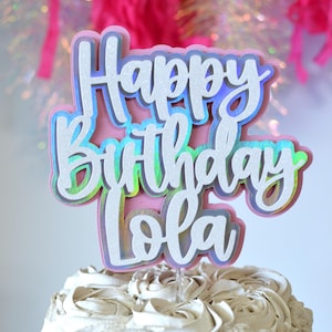 Personalized White, Light Pink, Silver Hologram, Happy Birthday Name Cake Topper Layered, 1st Birthday, Teenager Cake Topper,