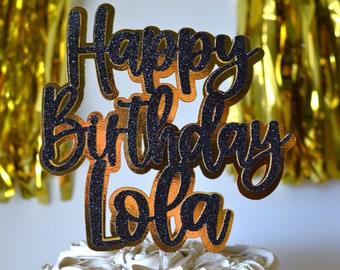 Black and Gold Happy Birthday Name Cake Topper