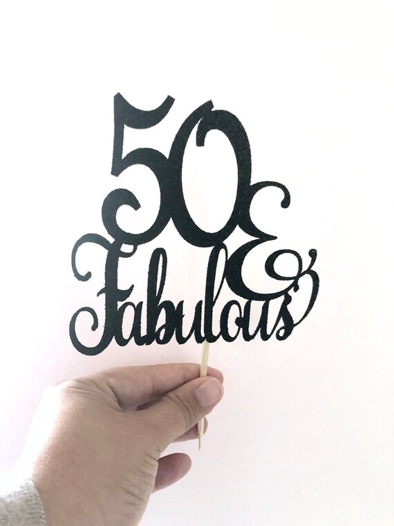 YUINYO Handmade '50 & Fabulous' Glitter Cake Topper - Silver 50th Birthday Or Anniversary Decoration - View #2
