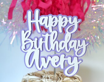 Light Purple and White Happy Birthday Name Cake Topper, Personalized Cake Topper, Purple and White Preppy Party