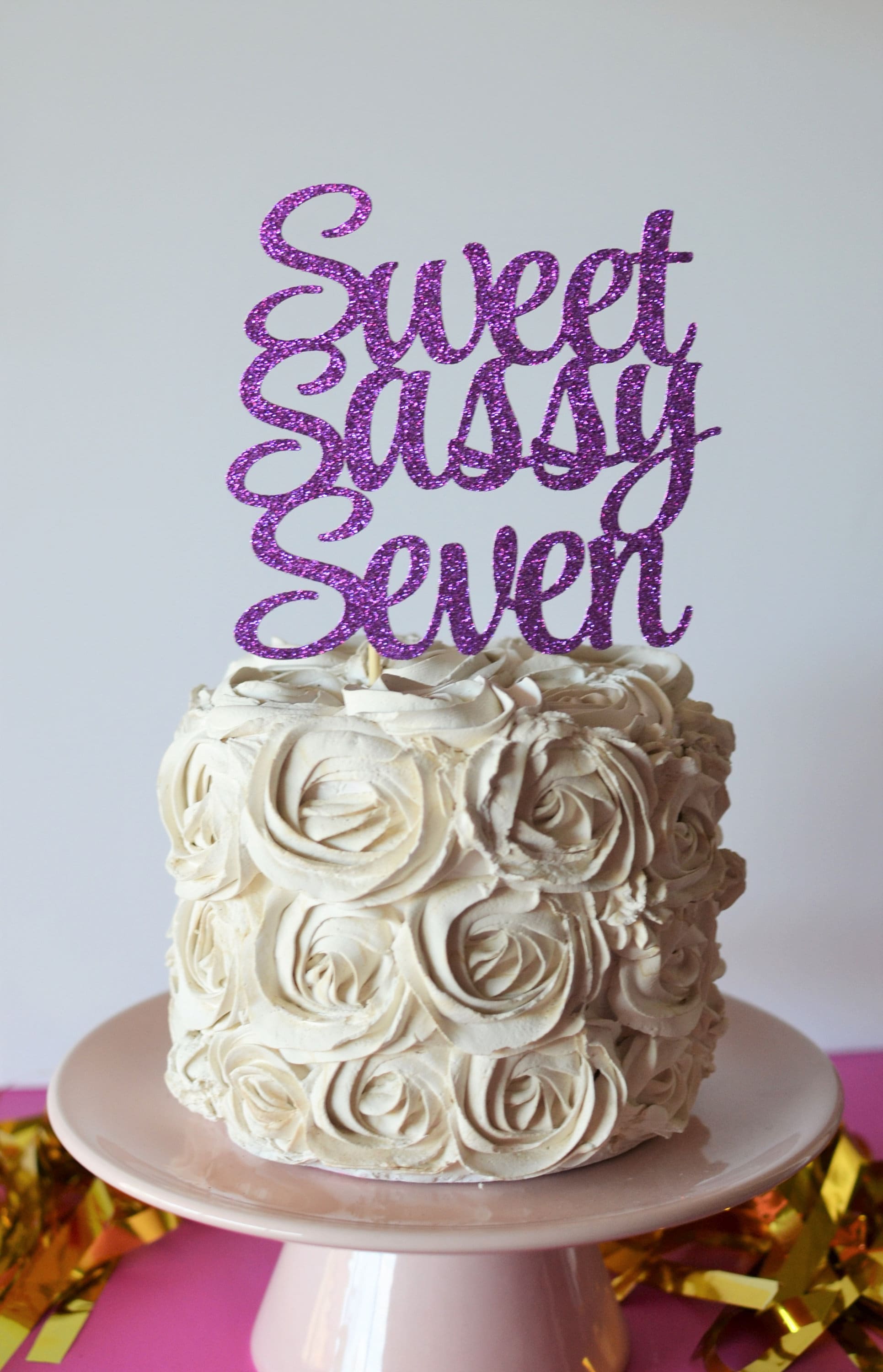 Seven Cake Topper, Happy 7th Birthday, Gold Topper, Glitter Sweet Sassy