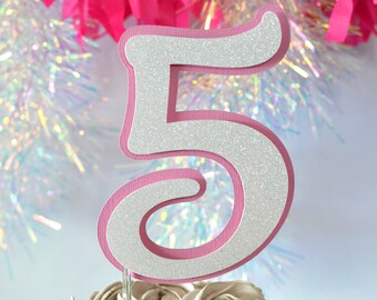 White & Light Pink Layered 5, 5 Fabulous, Five Cake Topper, 5th birthday topper, 5 cake topper, glitter 5, 5th birthday, 5th, fifth birthday