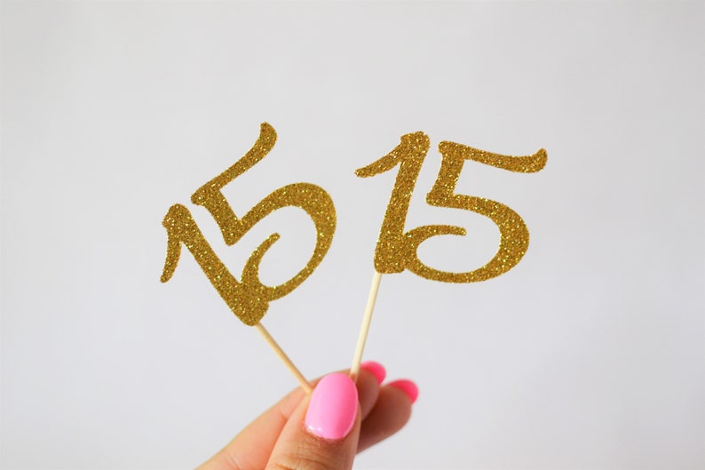 happy 15th Glitter 15 Cupcake Toppers 15 Topper 15th birthday cake 15th anniversary quince anos glitter fifteen 15 birthday pick