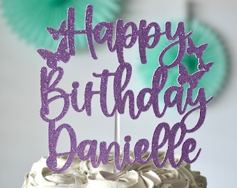Happy Birthday Personalized with Butterflies, Name Cake Topper, Custom Cake Topper, Name cake, Glitter Name Topper, Butterfly Topper