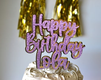 Light Purple and Gold Happy Birthday Name Cake Topper