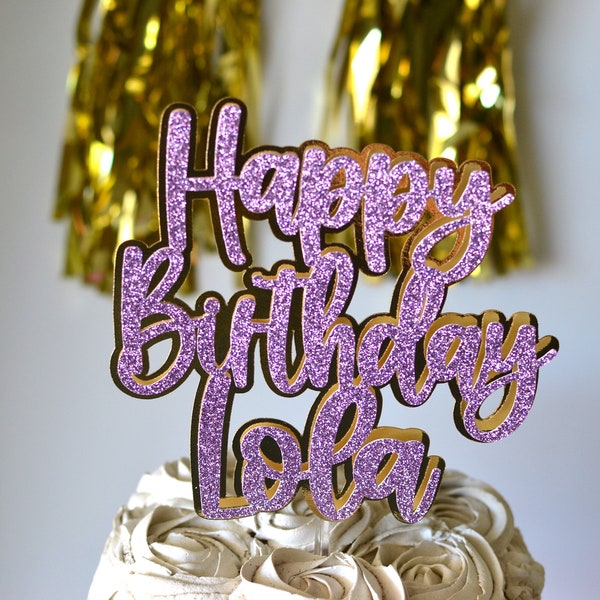 Light Purple and Gold Happy Birthday Name Cake Topper