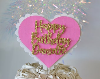 Gold Pink White Heart Happy Birthday Name Cake Topper