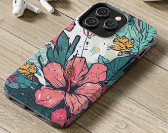 iPhone 14 13 12 11 Glossy Tough Phone Case Tropical Hibiscus Flower Leaves Bobo Green Purple Greenery