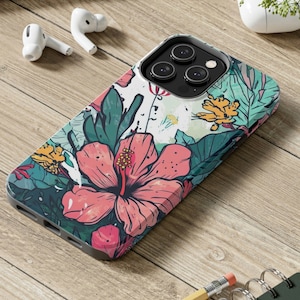 iPhone 14 13 12 11 Glossy Tough Phone Case Tropical Hibiscus Flower Leaves Bobo Green Purple Greenery