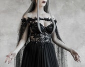 Dark Fairytale Wedding Dress with Cupped Corset Bodice ~ Gothic Black Bridal Gown ~ Halloween Vampire Cape ~ Wiccan Fantasy Wedding Cloak