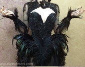 Witch Crow Feathers Overbust Corset ~ Gothic Hip Fins Haute Goth Dress ~ Vampire Wedding Ball Masquerade Costume ~ Halloween Outfit Corsetry