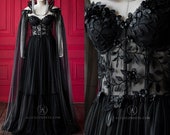 Luxury Gothic Fairytale Wedding Dress Cupped Corset Bodice ~ Black Bridal Gown ~ Halloween Vampire Cape ~ Wiccan Fantasy Masquerade Cloak