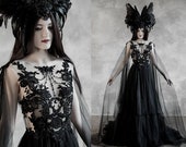 Dramatic Sheer Gothic Wedding Dress ~ Haute Goth Bridal Gown ~ Black Veil Halloween Evening Dress ~ Modern Witch Pagan Ceremony Wiccan Dress
