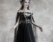 Dark Fairytale Wedding Dress with Cupped Corset Bodice ~ Gothic Black Bridal Gown ~ Halloween Vampire Cape ~ Wiccan Fantasy Wedding Cloak
