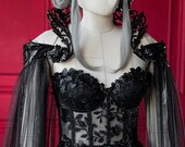 Luxury Gothic Fairytale Wedding Dress Cupped Corset Bodice ~ Black Bridal Gown ~ Halloween Vampire Cape ~ Wiccan Fantasy Masquerade Cloak