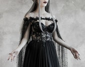 Dark Fairytale Wedding Dress with Cupped Corset Bodice ~ Gothic Black Bridal Gown ~ Halloween Vampire Cape ~ Wiccan Fantasy Wedding Cloak