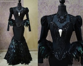 Black Swan Haute Goth Corset Dress ~ Gothic Feathers Raven Skull Witch Costume ~ Vampire Wedding Ball Masquerade ~ Halloween Outfit Corsetry
