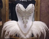 Swan Princess Feathers Overbust Corset ~ Gothic Fairytale Haute Goth Dress ~ Wedding Ball Masquerade Bird Costume Burlesque Outfit Corsetry