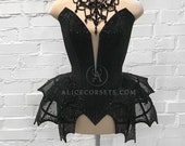 Batty Crinoline Cage Overbust Corset ~ Vampire Style Couture Gothic Outfit ~ Goth Black Wedding Corsetry Dress Halloween Witchy Ball Costume