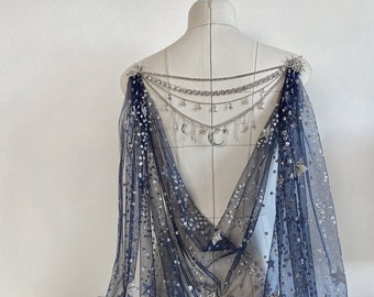 Starry Night Draped Wedding Cape Veil Stars Bridal Cape Celestial Fairytale Cloak Fantasy Veil Cover-up for dress Alternative Wedding Wrap