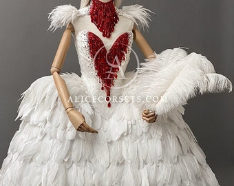 BLACK version OFFER Feathered Haute Gothic Couture Gown Feathers Corset Bloody Swan Dress Vampire Wedding Ball Masquerade Costume Halloween