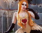 Bleeding Heart Gothic Fashion Corset Dress ~ Saint Style Haute Goth Ball Outfit ~ Feathers Halloween Wedding Gown ~ Dark Swan Couture Corset
