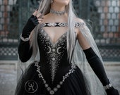 Black Silver Night Goddess Elven Corset Dress with Cape ~ Celestial Wedding Gown ~ Elf Bridal Cloak ~ Witchy Style Starry Triple Moon Gown