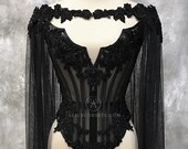 Dramatic Gothic Beaded Corset with Cape ~ Dark Couture Sheer Overbust Corset ~ Goth Black Wedding Dress Halloween Cloak Vampire Ball Costume